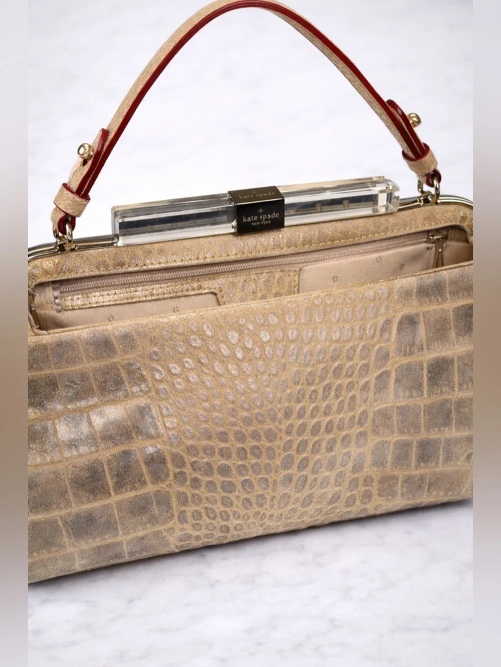 Kate Spade Croc Embossed Clutch w/ Acrylic Frame Handle | Neutral Beige Glam
